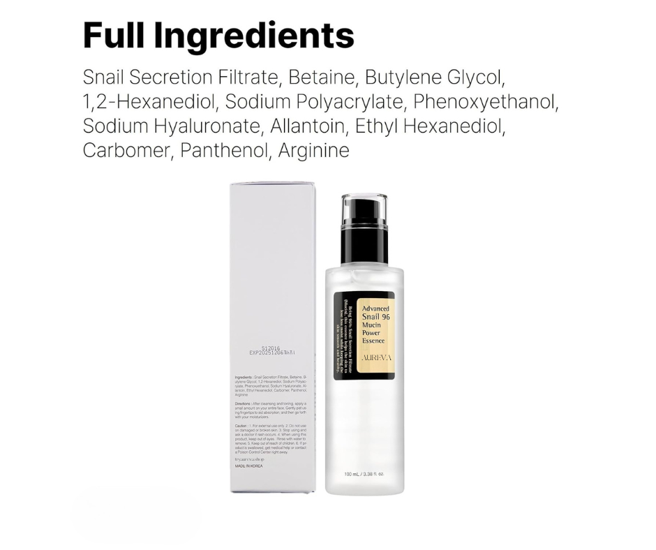 AUREVA Snail Mucin 96% Power Repairing Essence, Hydrating Serum for Face with Snail Secretion Filtrate for Dull Skin & Fine Lines